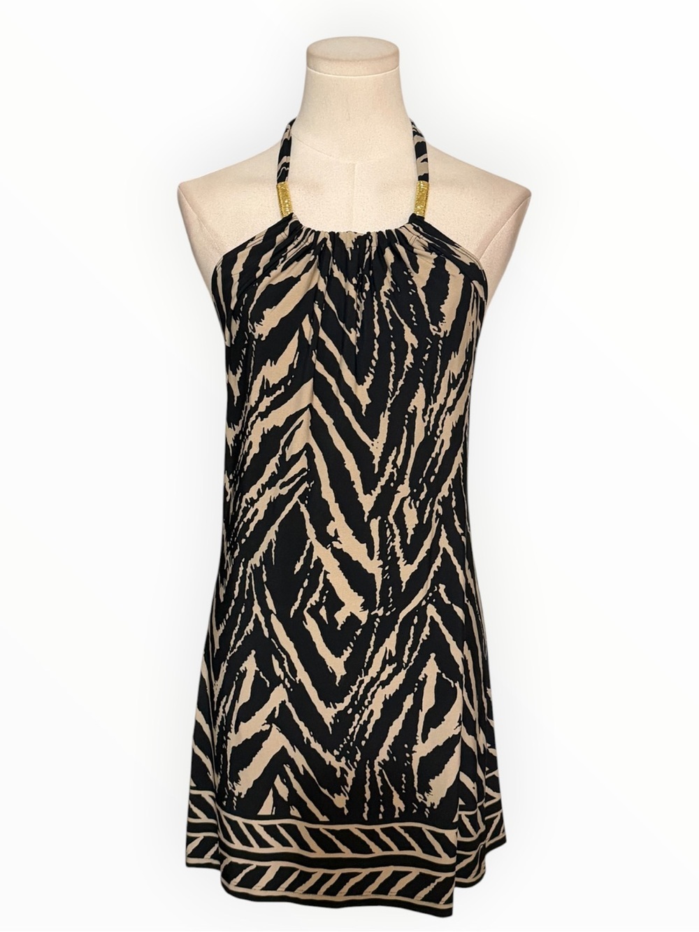 CACHE Black Tan Zebra Print Backless Halter Mini Dress Gold Vintage Y2K Party S